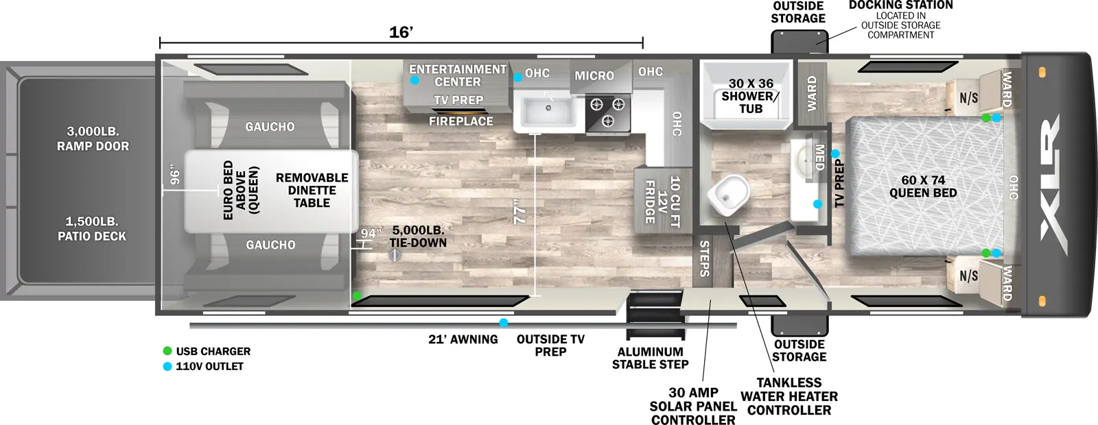 The 286M has zero slideouts, one entry, and one rear ramp door. Exterior features outside storage, docking station, aluminum stable step, 21 foot awning, and outside TV prep. Interior layout front to back: foot-facing queen bed with wardrobes and nightstands on each side, off-door side wardrobe, and TV prep at foot of bed; off-door side full bathroom with medicine cabinet and tankless water heater controller; steps down to door side entry and 30 Amp solar panel controller; 12V refrigerator and kitchen counter with overhead cabinet wrap along inner wall to off-door side with microwave, cooktop, sink, and entertainment center with TV prep and fireplace below; rear opposing gauchos with removeable dinette table, and euro bed above. Garage dimensions: 16 foot from rear to kitchen counter; 77 inches from door side to kitchen counter; 85 inch ramp entry height; 5,000 lb tie downs; 3,000 lb ramp door; 1,500 lb patio deck.